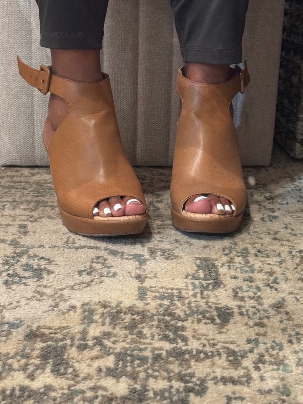boc Tan Open-Toe Ankle Strap Wedge Heels